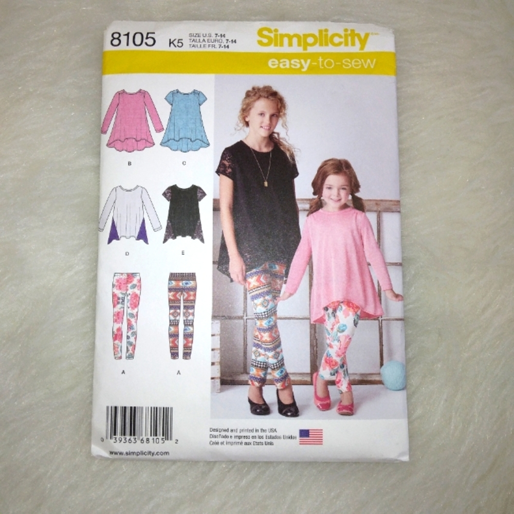 SIMPLICITY 8105 Easy-to-Sew Child's & Girl's knit tunic and leggings size 7-14